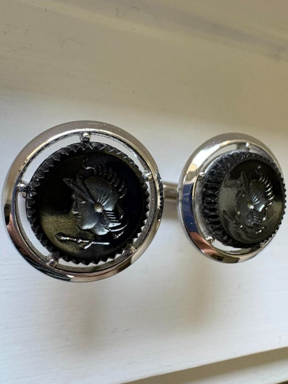 Vintage Swank Silver Tone Black Glass Roman Soldier Cameo Cufflinks